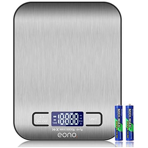Eono by Amazon - Digitale Küchenwaage, Premium Edelstahl-Lebensmittelwaage, wiegt Gramm und Unzen zum Backen und Kochen 5 kg/1 g - 15 Jahre Garantie Cover