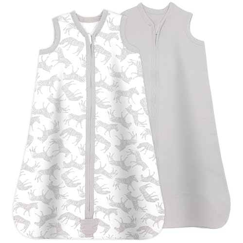 Image of Baby Wearable Blanket, Breathable Cotton Sleep Sacks for 6-12 Months, 2 Pack Unisex Sleeping Bag Sack, Medium Size, 2-Way Zipper, 0.5 Tog