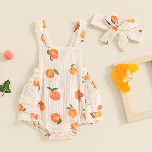 Baby Girl Peach Clothes Cotton Linen Fruit Overalls Romper Sleeveless Side Tiered Ruffled Jumpsuit Summer Outfit2