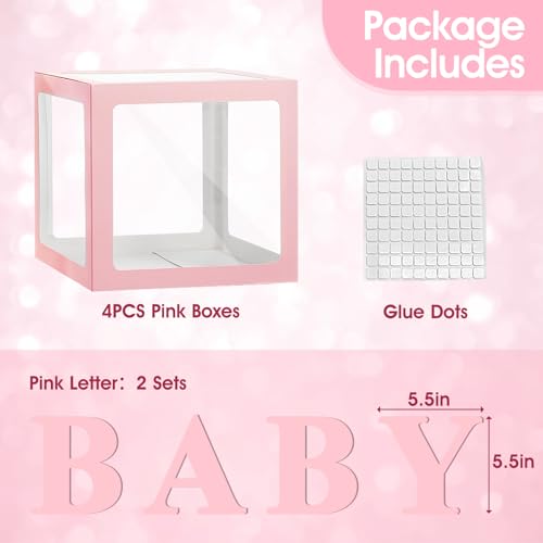 Image of Ledido Baby Boxes with Letters for Baby Shower Decorations, 4 pcs Clear Balloon Boxes with Letters for Boys Girls Gender Reveal Decorations Birthday Wedding Backdrop Party (Pink)