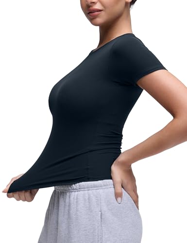 Image of CRZ YOGA Softembrace High Neck T-Shirt | Workout, Ultra Soft, Tight Fit, Waist Length, Short Sleeve Tops for Women