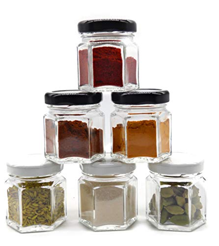 Image of Cute Hexagonal 50 grams Airtight Glass Jar Containers for Honey, Spices & other Kitchen Items with Rust Proof Black & White Color Caps -Set of 06