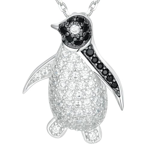 925 Sterling Silver Penguin Necklace with Black and White Cubic Zirconia Cute Penguin Charm Jewelry Penguin Gifts for Women 18 to 20 Inch Adjustable Chain