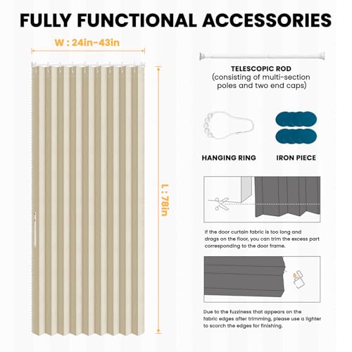 Image of AJAZZ Blackout Door Curtains with Curtain Rods Adjustable 28-39 inch Long Magnetic Door Curtain Blackout Curtains for Bedroom, Doorway Curtain Sets (1 Pack, 43 W x 78 L, Cream White)