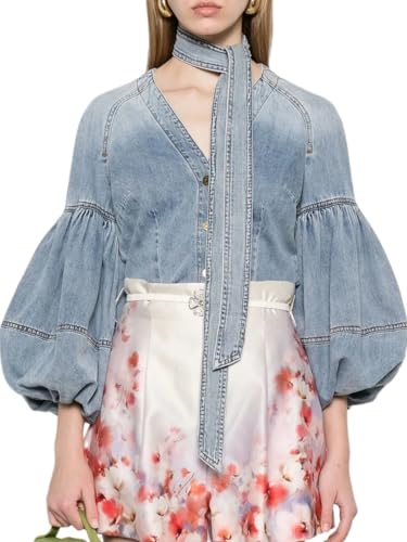 Womens Denim Tie Shirt V Neck Long Sleeves Bow Babydoll