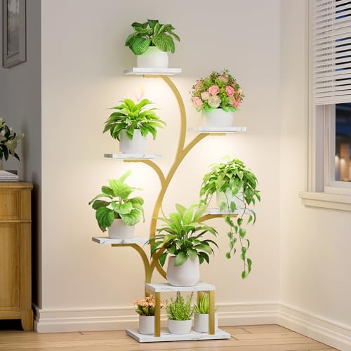 Image of BACEKOLL Plant Stand Indoor with Grow Lights, 7 Tiered Indoor Plant Shelf, 49 inch Corner Plant Stands for Indoor Plants, Metal Plant Flower Display Shelf, Tree-Shaped Plant Rack for Home, Faux Marble