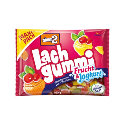 nimm2 Lachgummi Frucht und Joghurt – 1 x 376 g Maxi Pack – Fruchtgummis mit Fruchtsaft, Vitaminen und einer Joghurtschicht – Süßigkeit in sechs Geschmacksrichtungen