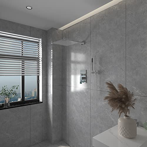 Bwe 10 Inch Square Bathroom Luxury Rain Mixer Shower Combo Set Wall Mounted Shower Kit Rainfall Shower Head System Polished Chrome Shower Faucet Rough-In Valve Body And Trim Included #TOP6