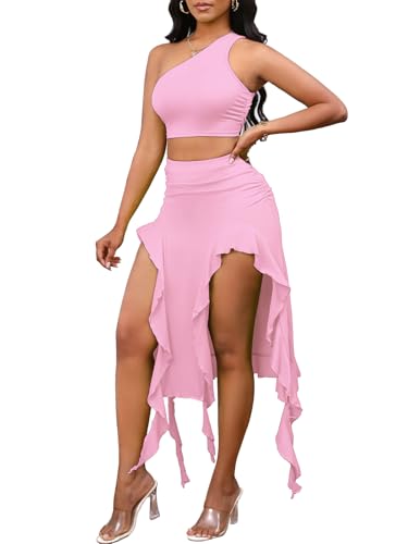 Image of BARASA Women Summer 2 Piece Skirt Sets Comfy Ruffle Trim Irregular Split Sexy Y2k Club Party Tops Jellyfish Skirt Suits S69