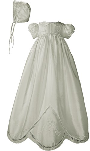 Girls White Silk Dupioni Dress Christening Gown Baptism Gown with Hand Embroidery 12M