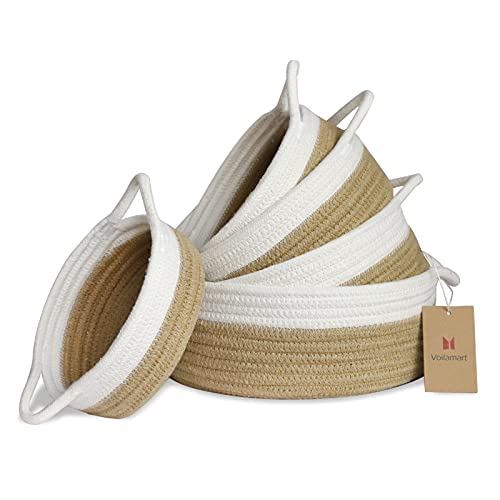 Voilamart Baumwollseil-Korb, 5er-Set, Seilkorb mit Griffen, gewebter Aufbewahrungskorb, weiße und Jute, dekoratives Spielzeugkörbe-Set für Babyspielzeug, Make-up Cover
