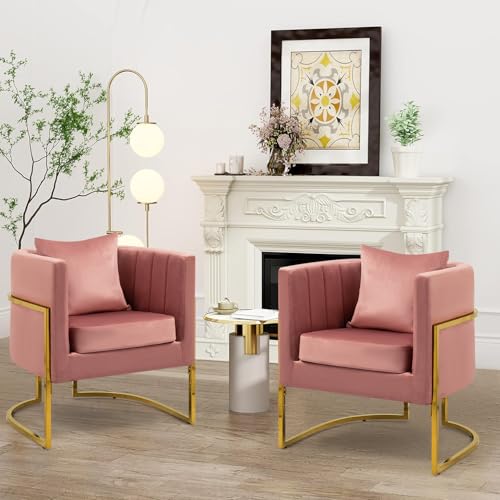 X-VOLSPORT Velvet Accent Chairs Set of 2, Contemporary Barrel Armchairs, Living Room Bedroom Club Chair Set with Pillow, Channel Tufted, Gold Finish Base, Blush Pink