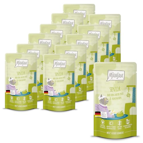 MjAMjAM - Premium Nassfutter für Katzen - Quetschie - Senior - DUO von zarter Ente & Kaninchen, 12er Pack (12x125g), getreidefrei – Ansicht 1