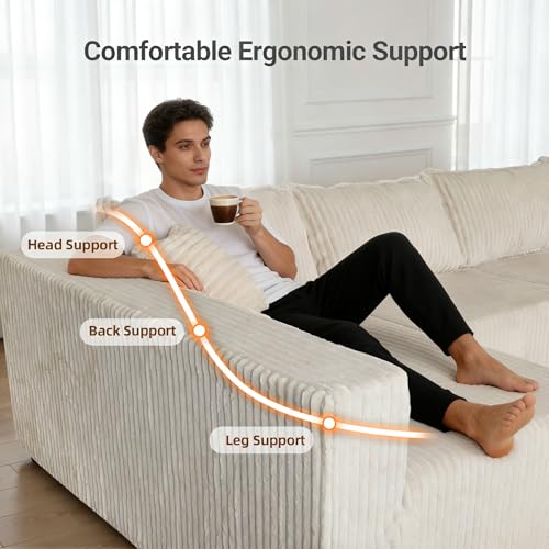 Image of Claiks 128 inch U Shaped Boneless Couch, Corduroy Sectional Sofa, Cream