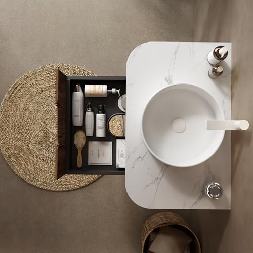Image of KEIKI 30 inch Bathroom Vanity Cabinet with Sink Combo, Wall Mounted Curved Edges Striped Floating Bathroom Vanity with Soft-Close Drawer, White Round Ceramic Basin Without Faucet, Dark Walnut
