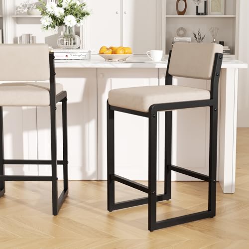 Image of 26IN Modern Bar Stools, Fabric Counter Height Barstools with Back and Footrest, Sturdy Thickened Metal Leg, Kitchen Bar Chairs for Island, Camel