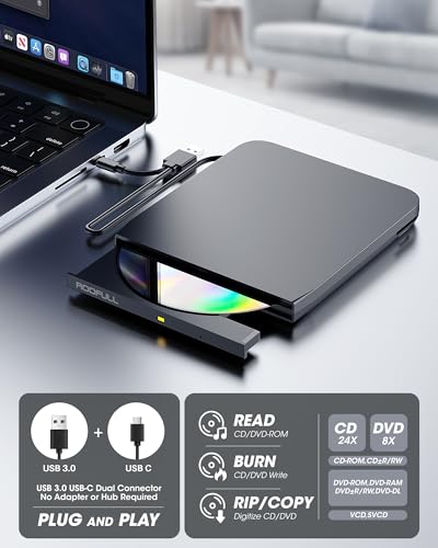 Image of ROOFULL Pro External CD /DVD Drive, USB 3.0 DVD CD Burner with Ethernet Adapter, USB Hub and SD /TF Card Ports, CD DVD Reader Writer Player Optical Disc Drive for Laptop MacBook PC Windows Linux Mac