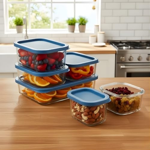 Image of Femora Borosilicate Glass Food Storage Containers with Lids Set of 7 (310ml x2, 520ml x2, 750ml, 1200ml, 1700ml) | Rectangular, Airtight & Leakproof | Microwave & Dishwasher Safe | Blue