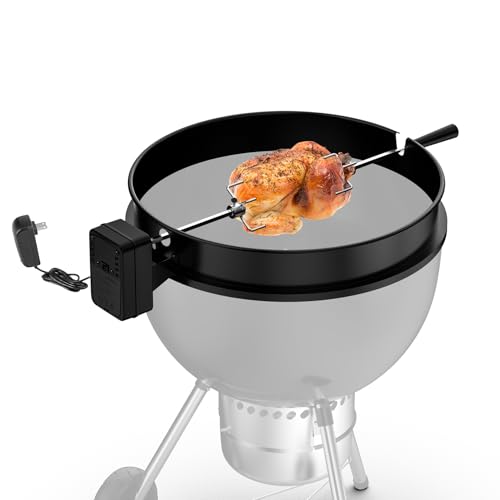 onlyfire Set de Asador Ring para Barbacoa de Acero Recubierto de Negro con Motor de Batería y Adaptador de Corriente para Parrillas de Carbón Weber 57 CM Kettle y Otros Modelos de Tamaño Similar