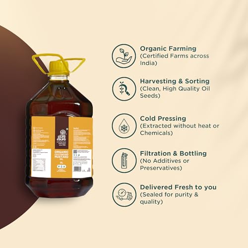 Image of Pure & Sure Organic Cold Pressed Mustard (Kachi Ghani) Oil 5 Litres | Natural Sarso Tel for Cooking, Hair Care & Skin Care | Rich Flavour and Nutrients