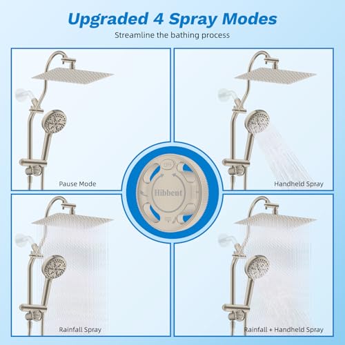 Image of Hibbent High Pressue All Metal 12 inch Rainfall Shower Head, Handheld 10-Spray | cUPC Certified Brushed Nickel Dual Showerhead Combo, 4-way Diverter with Pause Mode, Brass Extension Arm, 71'' Hose & Holder