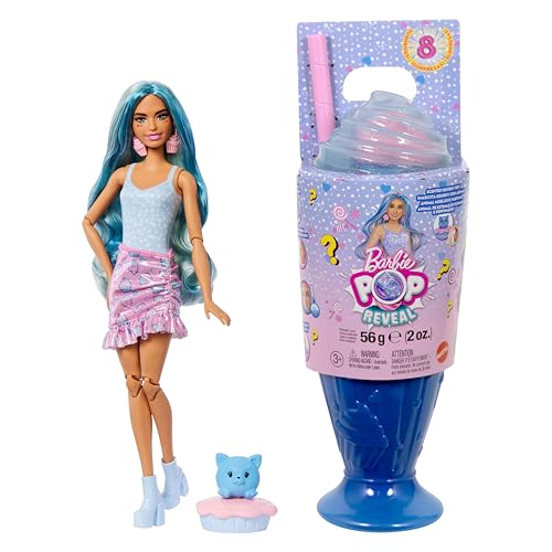 Barbie Pop Reveal Serie Set aus Modepuppe und Zubehör Treat-Serie Cool Cupcake Design mit Haustier 8 Überraschungen inklusive Farbwechsel JFY61