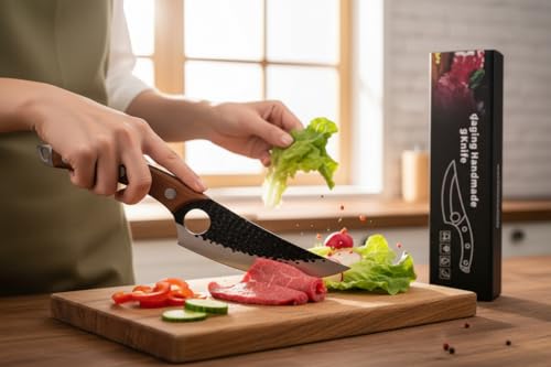 Image of Professional Japanese Chef Knife with Hammered Damascus Steel Blade, Wooden Handle, Premium Kitchen Cutlery, Leather Sheath Included (Wooden Handle)