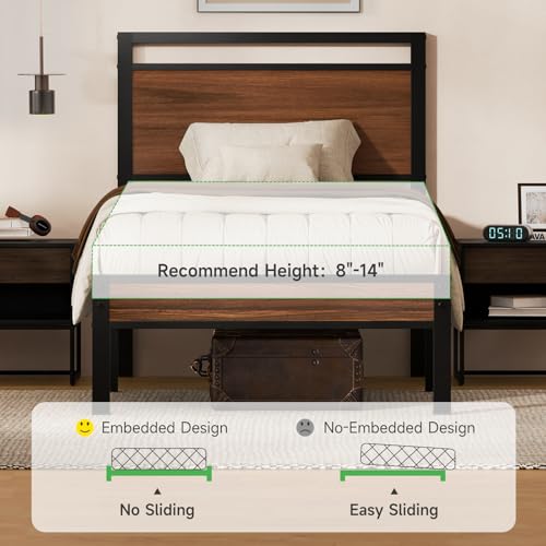 Image of Z-hom Twin Metal Bed Frame with Wooden Headboard and Footboard, Heavy Duty Platform Frame with Mrtal Slats, No Box Spring Needed, Quiet and Non-Slip Design, Saving Space for Small Bedroom,Walnut