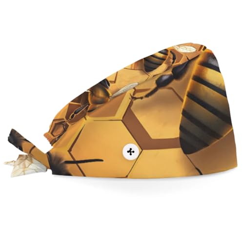 Mularoka Bees Beehives Working Caps with Button Sweatband Comfortable Adjustable Bouffant Hats Work Hat for Women Men