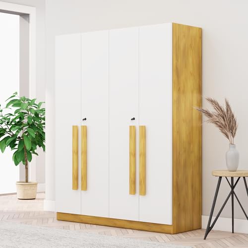 Image of Bniture 4 Door Wardrobe for Bedroom with Lockable Door & Hanging Space | Almirah for Clothes with Elevated Bottom Base | Wardrobe for Storage | 3 Years Warranty (Giant Wood & Frosty White, 4 Door)