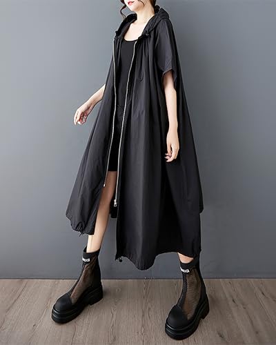 ellazhu Women's Coat Hooded Zip Up Solid Short Sleeve Straight Hem Casual Maxi GZ515 A4