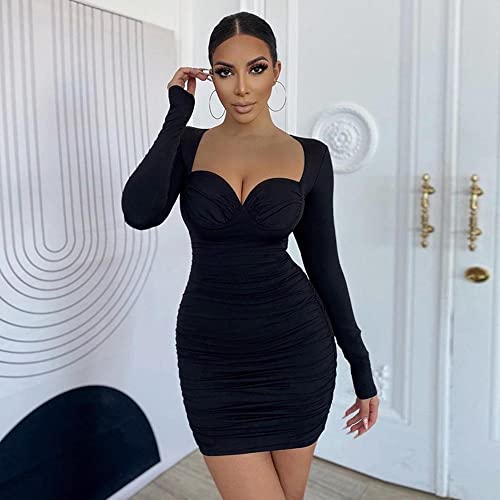 Bodycon elegante vestido curto feminino sexy manga comprida franzida mini preto outono inverno festa