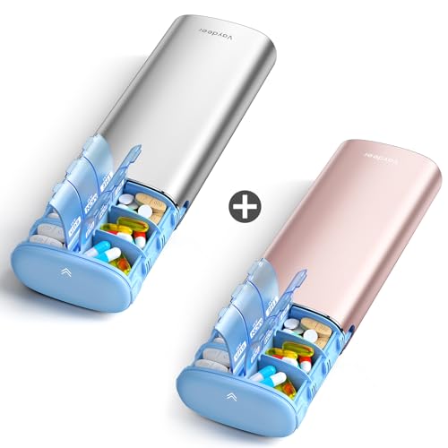 Elegant Metal Pill Organizer 2-Pack, Weekly AM/PM Travel Case with Moisture-Proof Desiccant | Rose Gold & Sliver Set, Airtight Large Capacity Pill Box