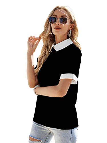 Verdusa Women's Colorblock Contrast Polo Collar Short Sleeve Blouse Shirt Top Black And White L #TOP2