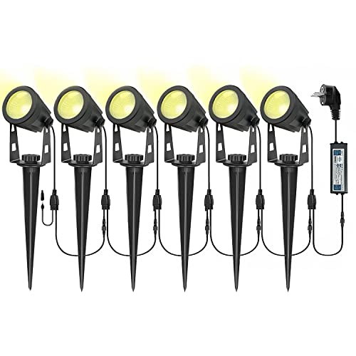 LUNSY Lámpara de Césped LED con Espiga, 6x3W Iluminación de Jardín 21M Lámpara de Paisaje Blanca Cálida 3000K IP65 Foco Exterior Impermeable Decorativa para Césped de Plantas de Camino, Paquete de 6