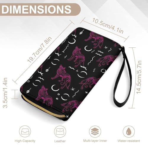 Long PU Zipper Wallet With Rope, Travel Purse Fashion Design, Huge Storage Capacity Wallet, Cute Decor Purse For Men And Women Mystical Goth Fire Dark Purple Galaxy Foxes Moon Black2