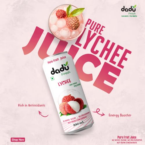 Image of Dadu Fresh Lychee Juice | Pure Natural Juice | Not from Concentrate | No Added Sugar | No Preservatives or Artificial Flavors | Rich in Vitamin C & Antioxidants | 250ml (Pack of 4)