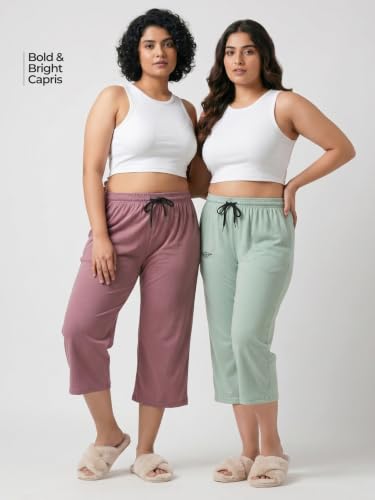 Image of Fflirtygo Women's Cotton Plain Calf Length Capri | Nightwear Short Pyjama | 3 /4th Solid Pyjama Pant | Regular Fit Casual & Lounge Wear Capri Combo (Pack of 2)