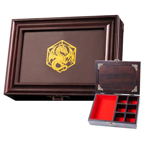 Vintage Dice Tray & Rolling Box for DND – Antique-Style Storage Vault with Adjustable Dividers for Dice, Minis & Tokens – Solid Pine RPG Tabletop Accessory for D&D (D20 Dragon Design)