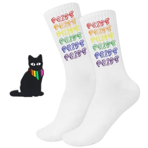 Dongcill Pride Socken, Regenbogen Socken, CSD Pride Outfit, mit LGBTQ Accessoires Pride Pin, Regenbogen Geschenke Gay Lesbian, Tennissocken 36–43 Unisex, für Pride Party Parades Karneval - Katze