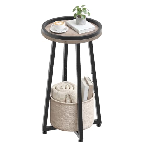 Image of HOOBRO Small Round Side Table, 2-Tier Round Sofa End Table, Compact Nightstand with Cotton Linen Storage Basket, for Small Space, Living Room, Bedroom, Dorm, Greige BG183BZ01