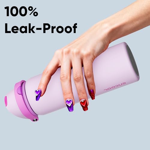 Image of Insulated Water Bottle with Straw - Encool Stainless Steel Water Bottle with Push Button Lid, Leak-Proof & BPA-Free, Keeps Cold for 24 Hours for Sports, Travel, Gym (32 oz, Thistle-Fuchsia)