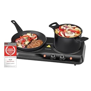 TZS First Austria Infrarot Keramik-Herdplatte doppelt | ALLE Topfarten | Doppelkochplatte 19cm / 16,5cm | Kochfeld für Umzug, Camping, Ferienwohnung – schnelles Aufheizen & stufenlose Einstellung