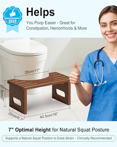 Image of Foldable Toilet Stool, 7 Inches Bamboo Toilet Stool Squat for Adults, Collapsible Poop Stool for Bathroom, Potty Step Stool with Non-Slip Strip (Tawny)