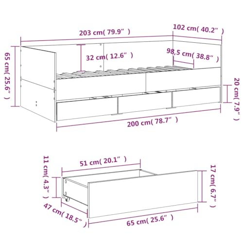 vidaXL Tagesbett, Gästebett mit 3 Schubladen mit Rollen, Schlafsofa für Schlafzimmer, Bettsofa Sofabett Daybed Bett, Sonoma-Eiche 100x200cm Holzwerkstoff – Bild 4