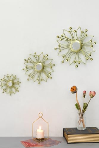 Image of Metal Wall Art with Mirror for living room and Home Decorations, Metal Wall Hanging Decoration for Living Room Office Bedroom,| Gift Items (Pack of 3 different sizes)