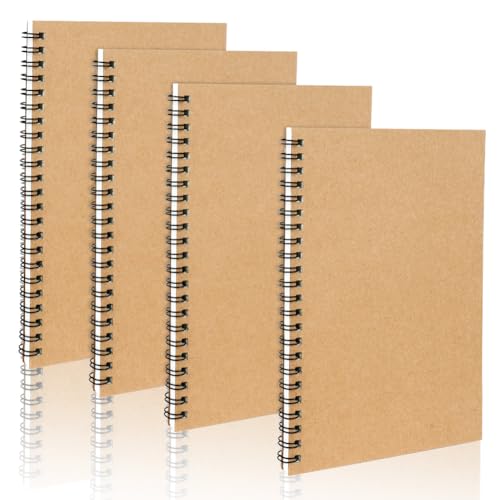 OFFCUP Cuaderno A5 con Espiral, 4pcs Cuaderno de Notas Cubierta de Kraft, 60 Fotos/120 Páginas, Agenda Personal, Agenda Escolar, Diario de Viaje para Viajar Dibujo Escribir Listas de Tareas
