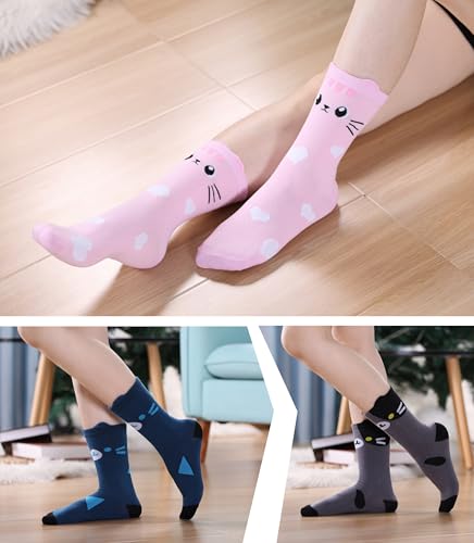 Image of SDBING Womens Cat Socks Cute Gifts Animal Soft Breathable Thin Cotton Casual Crew Socks 5 Pairs