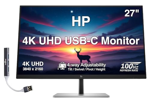 HP 27' 4K UHD IPS USB-C Monitor with 5ms Response Time, Anti Glare, 350 nits Brightness, Flicker Free, VESA Mount (100mm), Displayport, HDMI & Dockztorm USB Port Expander, Black/Silver Color