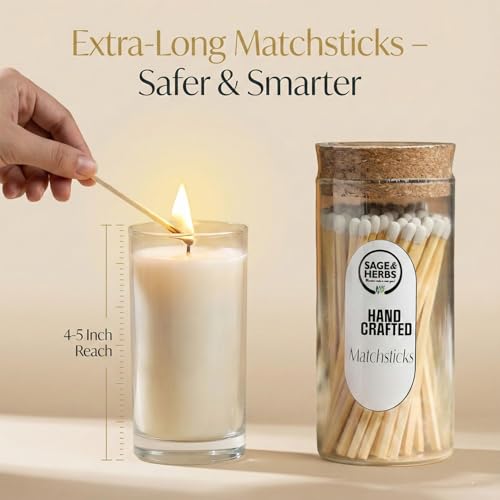 Image of Sage & Herbs Long 65 White Matchsticks in a Borosilicated Cork Jar with Striker| for Fireplace, Kitchen, Home Temple | Extra Long Burn Time Matchsticks | Matchbox Aesthetic